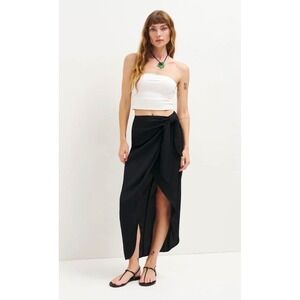 Reformation Taglio Maxi Black Linen Wrap Skirt